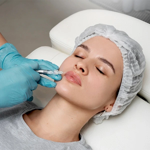 Patient receiving a lip filler injection at an aesthetic clinic.