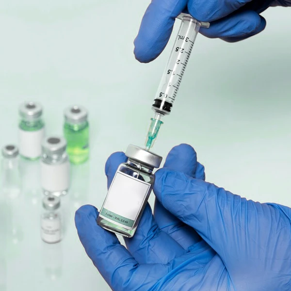 Close-up of a syringe drawing vitamin injection solution from a vial.