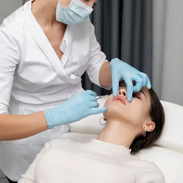 Doctor performing a lip filler procedure on a patient in a clinic.